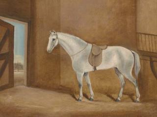 J. Watson - A saddled grey in a stable