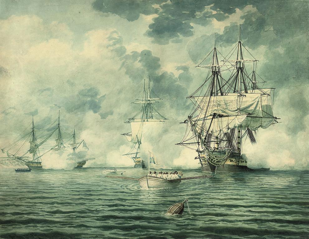 J. Wilkins - Ships of the fleet bidding farewell to a Royal visitor in Weymouth Bay (illustrated); and Royal Navy frigates and a cutter in a stiff breeze off the South Foreland