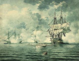 J. Wilkins - Ships of the fleet bidding farewell to a Royal visitor in Weymouth Bay (illustrated); and Royal Navy frigates and a cutter in a stiff breeze off the South Foreland