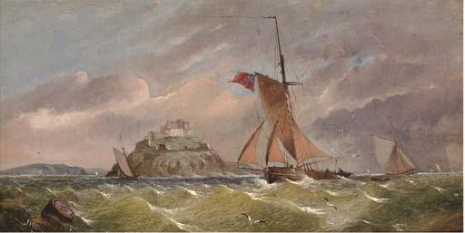 J. Williams - A Racing Cutter In Choppy Seas Off A Fortified Island
