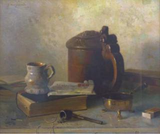 Jaap Dooijewaard - Stilleven Met Bierpot: A Tankard, Letters And A Pipe On A Table
