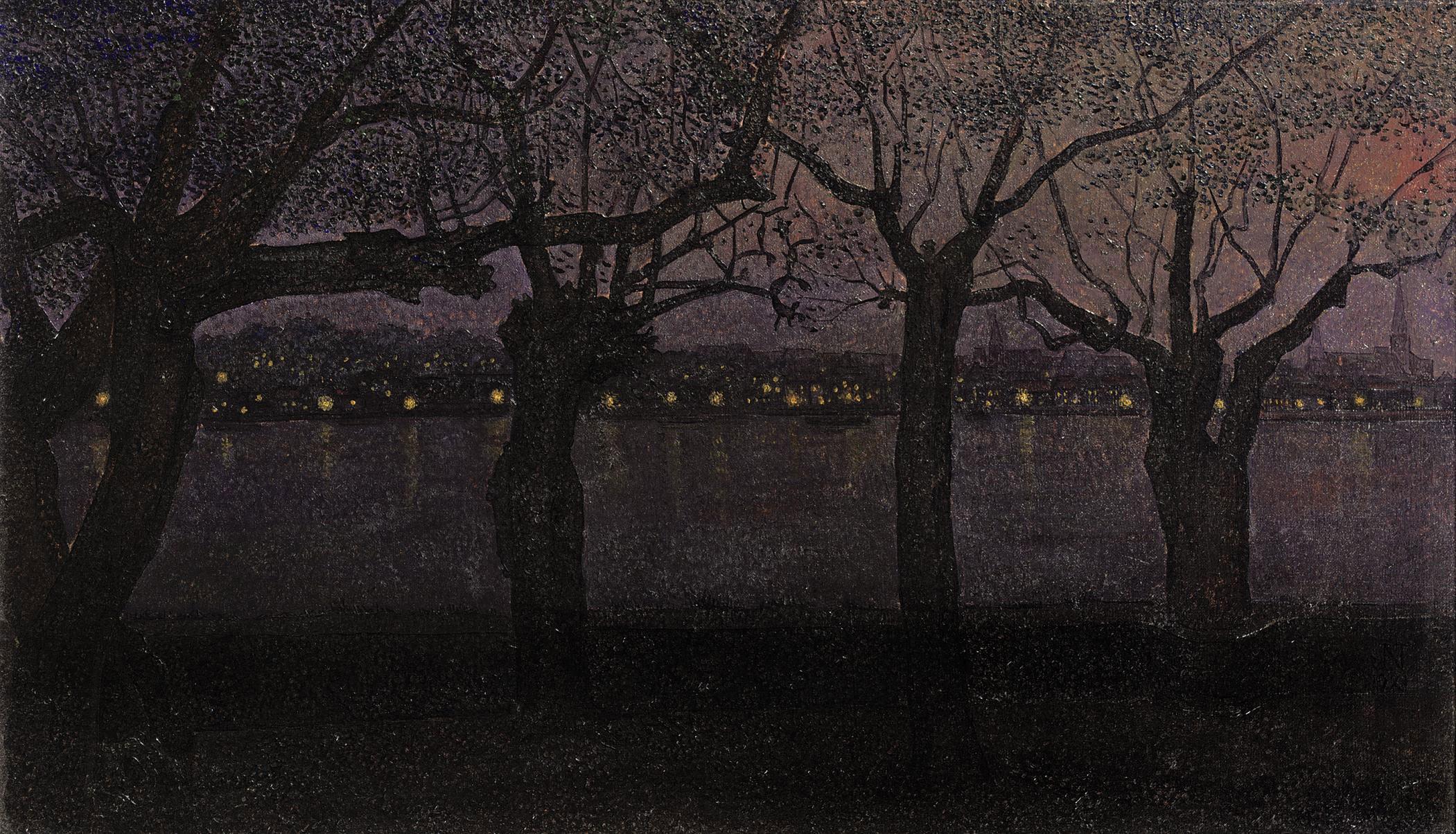 Jaap Nieweg - A view of the river Waal by night, Nijmegen