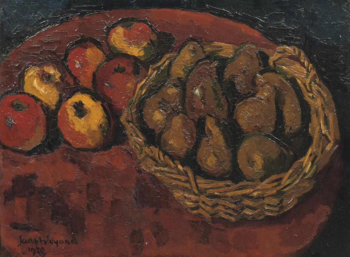 Jaap Weijand - A still life with apples and pears in a basket