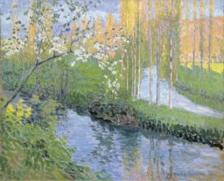 Jac Martin-Ferriéres - Composition pour un décor de théâtre (branche fleurie et peupliers au confluent de deux rivières)