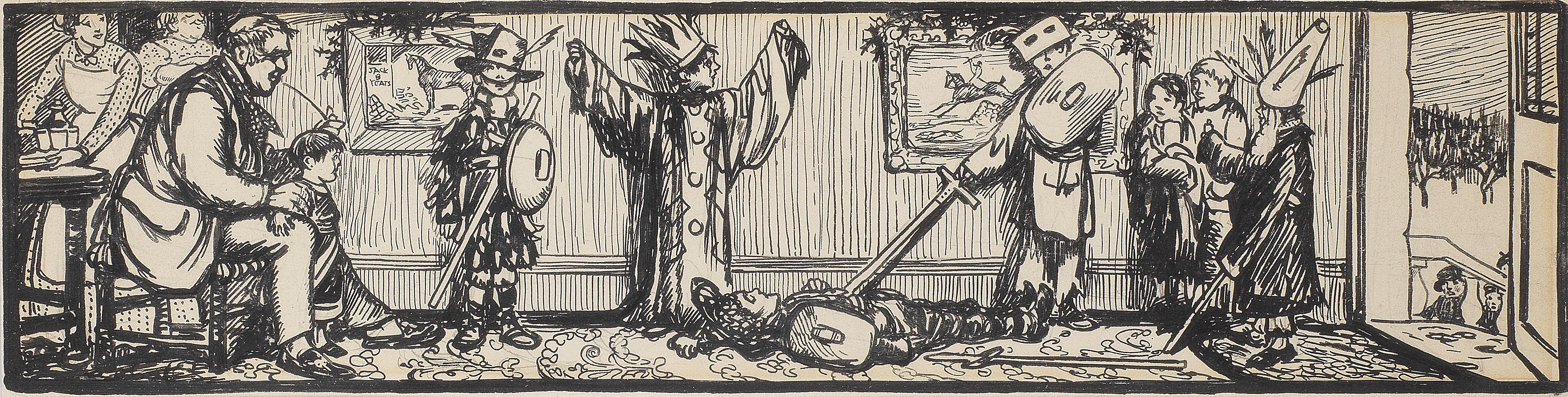 Jack B. Yeats R.H.A. - Illustration for \'The Christmas Mummers\' 12.4 x 36.2 cm. (4 7/8 x 14 1/4 in.) (sheet); 9.3 x 35.3 cm. (3 5/8 x 13 7/8 in.) (image)