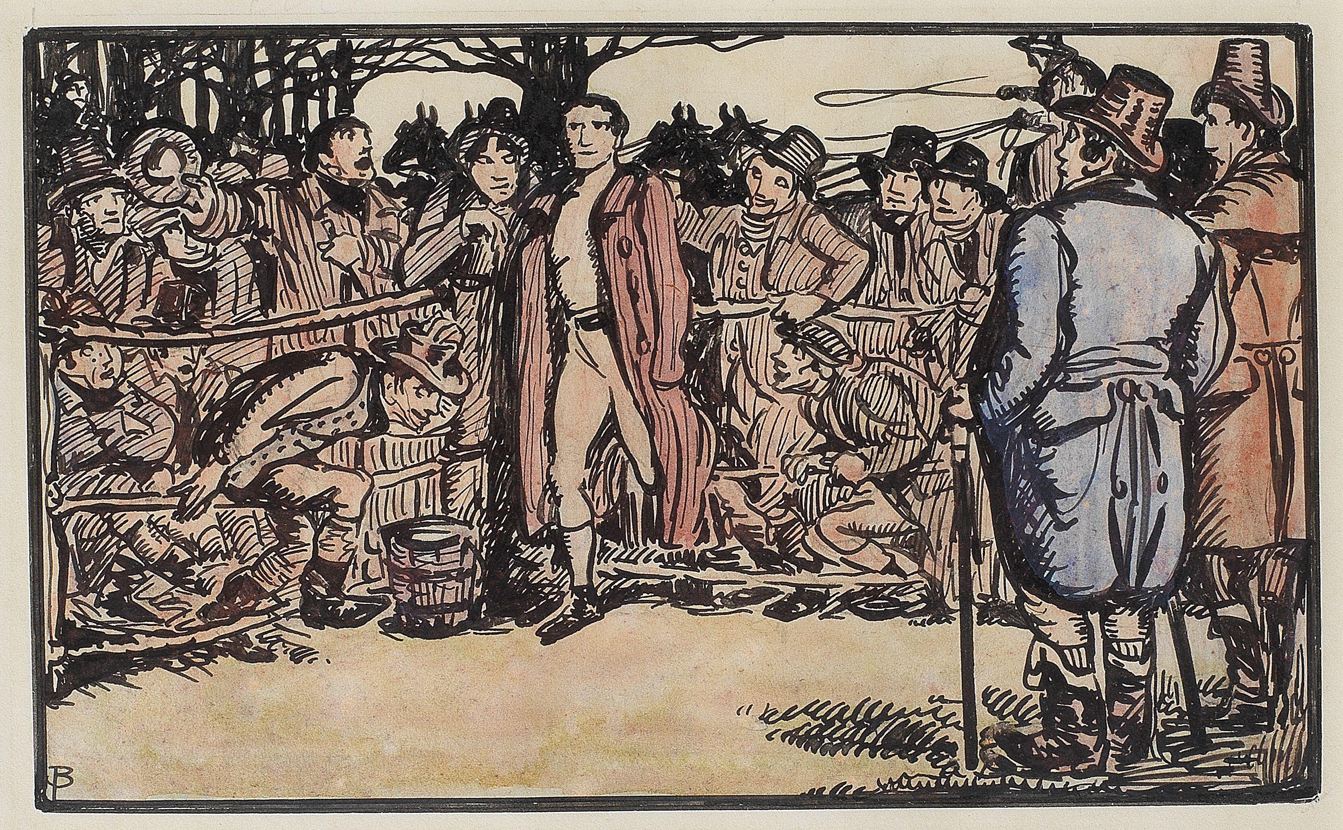 Jack B. Yeats R.H.A. - Illustration to Dan Donnelly Boxer 17.5 x 21.5 cm. (6 7/8 x 8 3/8 in.) (sheet); 9.3 x 15.4 cm. (3 5/8 x 6 in.) (image)