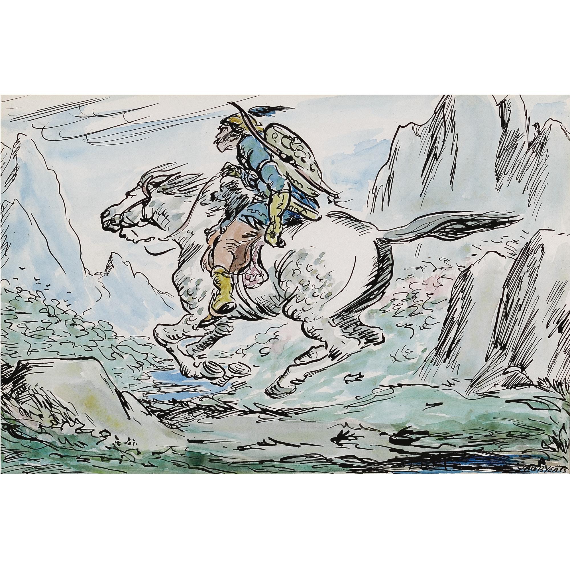 Jack B. Yeats, R.H.A. - Man On The Flying Horse: Illustration For Sean-Eoin (1938)