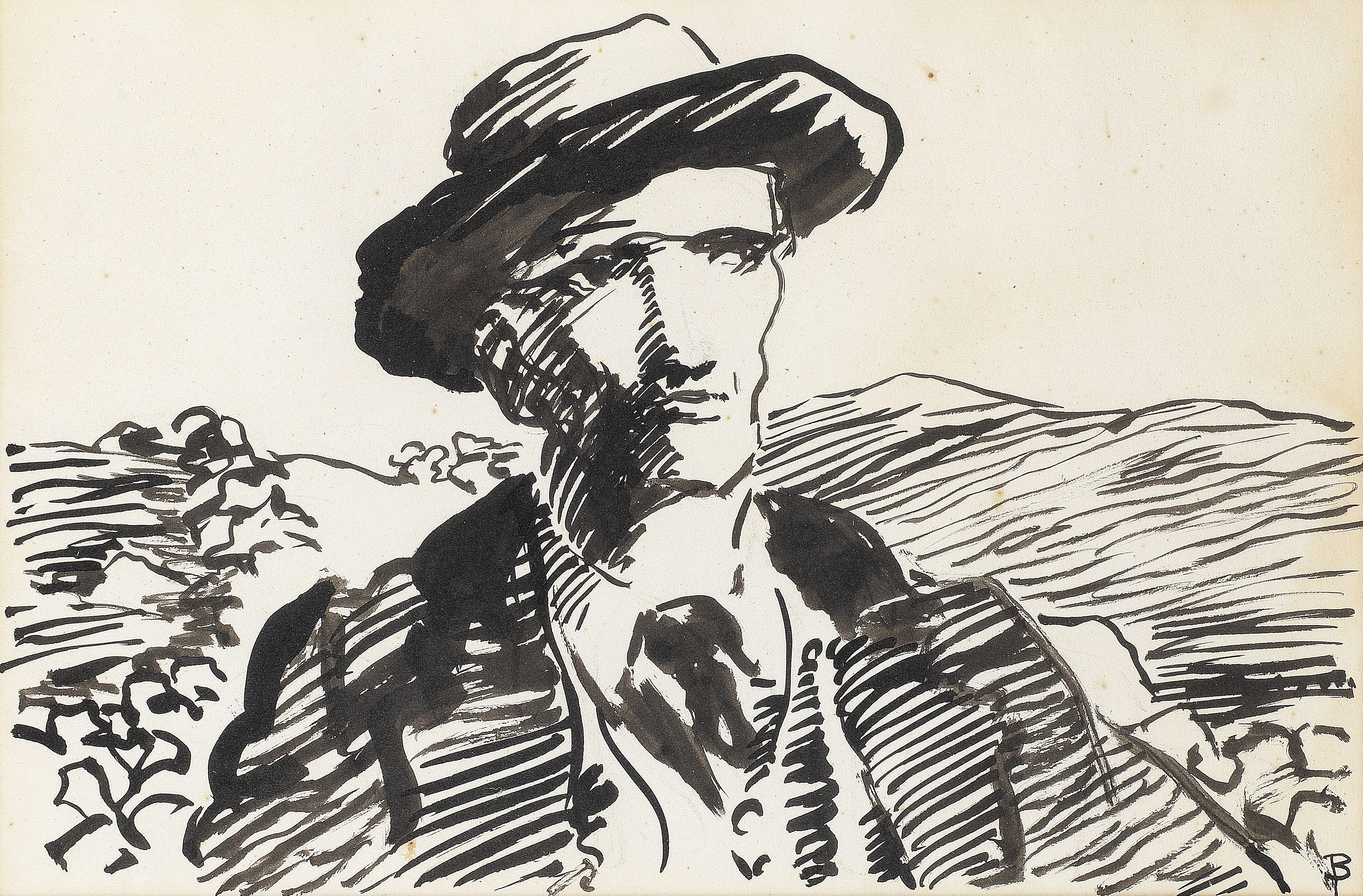 Jack B. Yeats R.H.A. - Self-Portrait 26.6 x 36.6 cm. (10 1/2 x 14 3/8 in.) (sheet); 18.9 x 28.1 cm. (7 3/8 x 11 in.) (image)