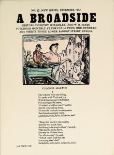 Jack Butler Yeats, R.H.A. - A series of eleven leaflets published for May 1935, October-December 1935, April 1937, June-August 1937 and October-December 1937, each comprising 2 sheets with hand coloured woodcuts, entitled \'A BROADSIDE\'