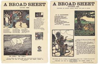 Jack Butler Yeats, R.H.A. - A series of twenty one-leaflets published for January-March 1902, May 1902, July 1902-January 1903 and March 1903-December 1903, each comprising of one sheet with hand-coloured woodcuts, entitled \'A BROAD SHEET\'