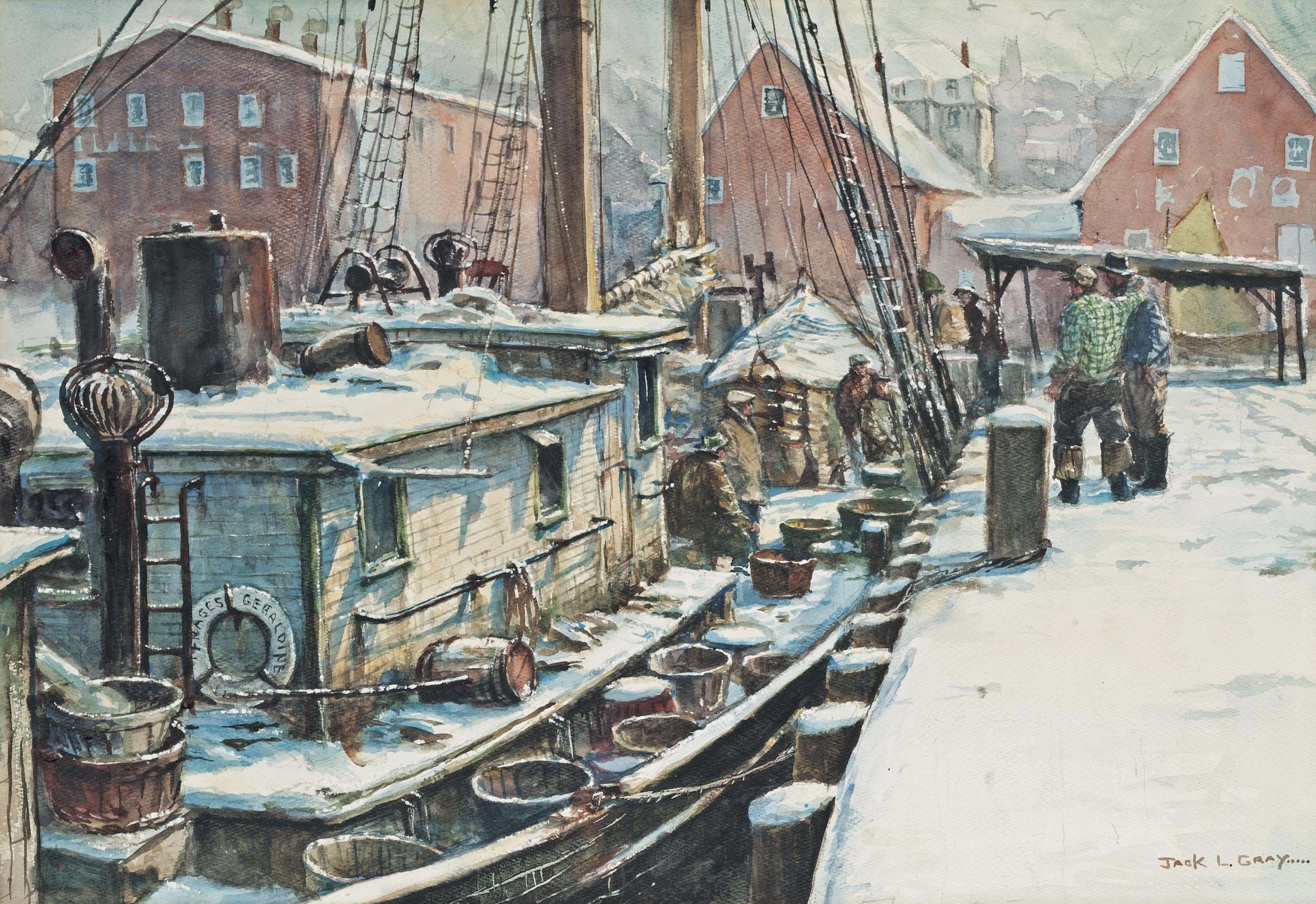 Jack Lorimer Gray - A Fishing Schooner Lying In A North American Harbour In The Snow