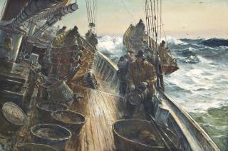 Jack Lorimer Gray - A Grand Banks Schooner With Dories Stacked Amidships And Fishermen Working On The Decks