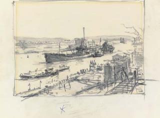 Jack Lorimer Gray - The Brooklyn navy yard with Staten Island across and The Brooklyn piers with a view of downtown New York in the background