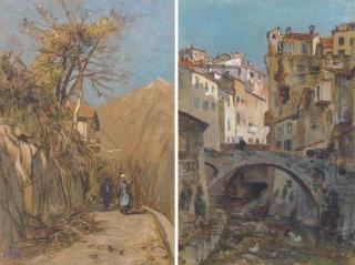 Jacob Abraham Zon - A Figure Crossing A Bridge In An Italian Town; And Travellers On A Hillside Track