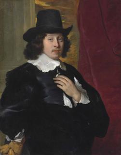 Jacob Adriaensz. Backer - Portrait of a gentleman, half-length, in a black coat with a white collar and cuffs, wearing a black hat, a glove in his right hand, before a column and a red curtain