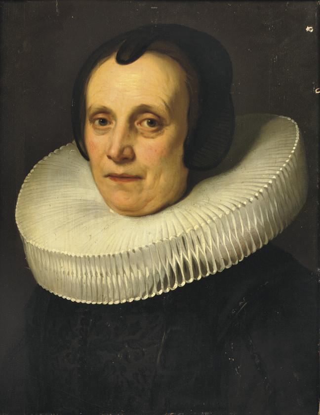 Jacob Adriaensz. Backer - Portrait of a lady, bust-length, in an embroidered black dress with a white \'molensteenkraag\'