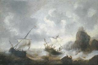 Jacob Adriaensz. Bellevois - A coastal landscape with frigates off the coast in a storm
