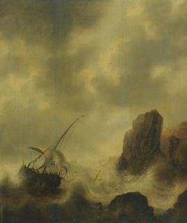 Jacob Adriaensz. Bellevois - A Ship Foundering Off A Rocky Coast