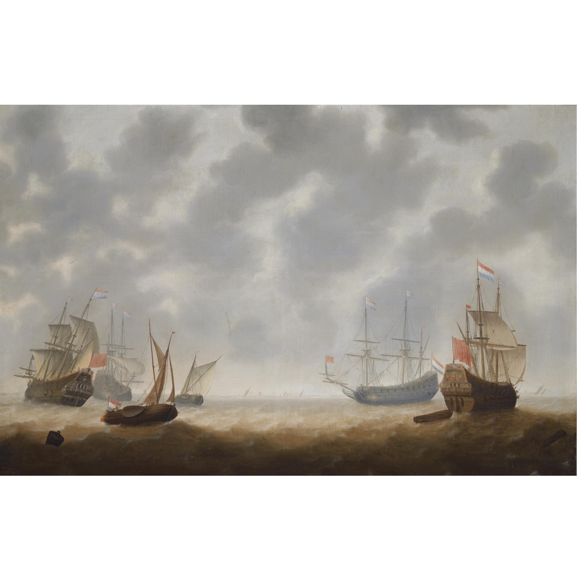 Jacob Adriaensz. Bellevois - Four Galley Frigates And Two Smallships In Choppy Seas, Shipping At The Horizon