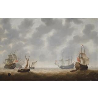 Jacob Adriaensz. Bellevois - Four Galley Frigates And Two Smallships In Choppy Seas, Shipping At The Horizon