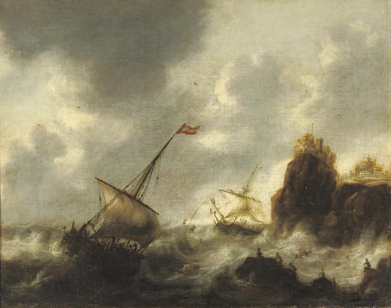 Jacob Adriaensz. Bellevois - Sailing vessels in distress near a rocky coast