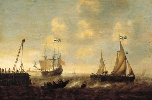 Jacob Adriaensz. Bellevois - Smallships, a threemaster and a pink on a river by a jetty in a stiff breeze, a town in the distance