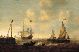 Jacob Adriaensz. Bellevois - Smallships, a threemaster and a pink on a river by a jetty in a stiff breeze, a town in the distance