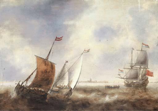 Jacob Adriansz. Bellevois - Two smalschips in stormy waters with a Dutch Man of War off the coast of a town