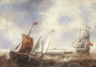 Jacob Adriansz. Bellevois - Two smalschips in stormy waters with a Dutch Man of War off the coast of a town