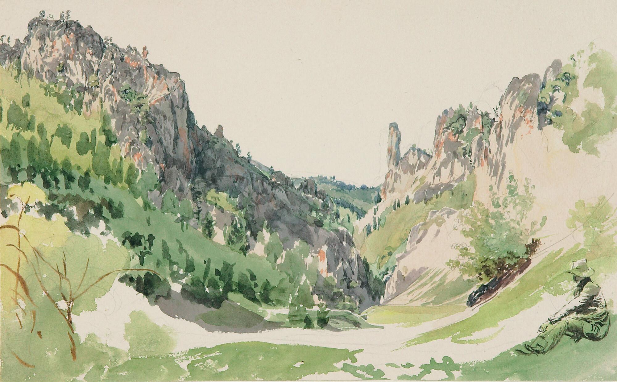 Jacob Alt - Blick in ein Tal mit rastendem Wanderer.