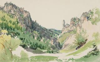 Jacob Alt - Blick in ein Tal mit rastendem Wanderer.