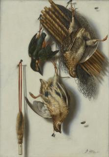 Jacob Biltius - A Trompe L’Oeil With Two Quails, A Kingfisher, A Bird Net And A Whistle