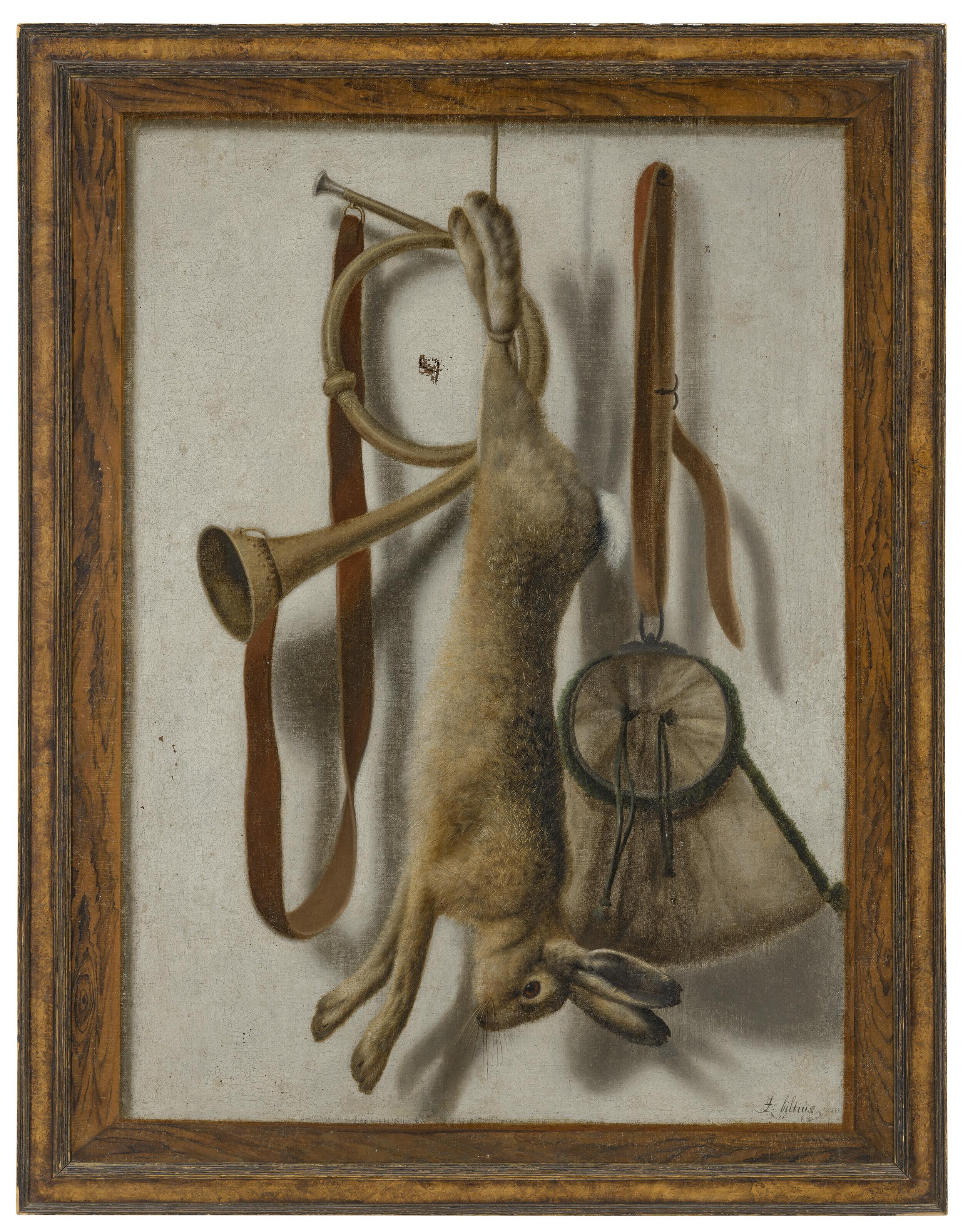 Jacob Biltius - Trompe l\'œil of a hare, hunting horn and hunting satchel