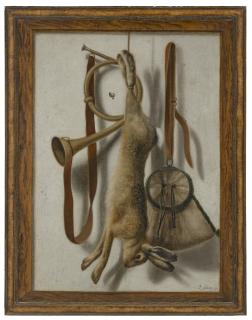 Jacob Biltius - Trompe l\'œil of a hare, hunting horn and hunting satchel
