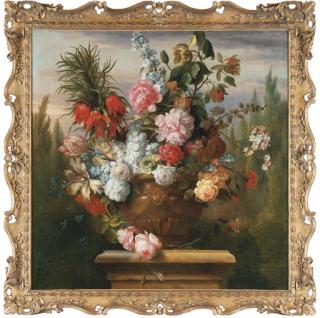 Jacob Bogdani - A Crown Imperial Lily, Tulips, Peonies, Roses, Morning Glory And Other Flowers In An Sculpted Urn On A Plinth In A Garden