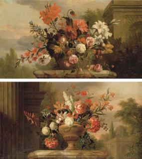 Jacob Bogdani - Lilies, roses, morning glory and other flowers in a basket on a marble plinth, by a fountain in a garden; and Peonies, convolvulus, chrysanthemums and other flowers in a sculpted urn on a marble table, a park beyond