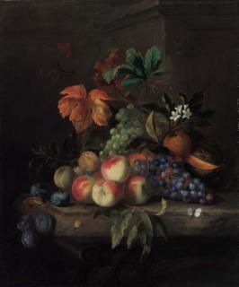 Jacob Bogdani - Peaches, grapes, a melon, orange blossom with an orange, plums, a butterfly and a snail, on a marble table