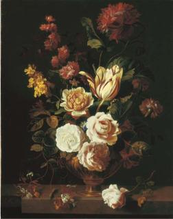 Jacob Bogdani - Roses, a parrot tulip, carnations, morning glory, honeysuckle and other flowers in an urn on a stone ledge