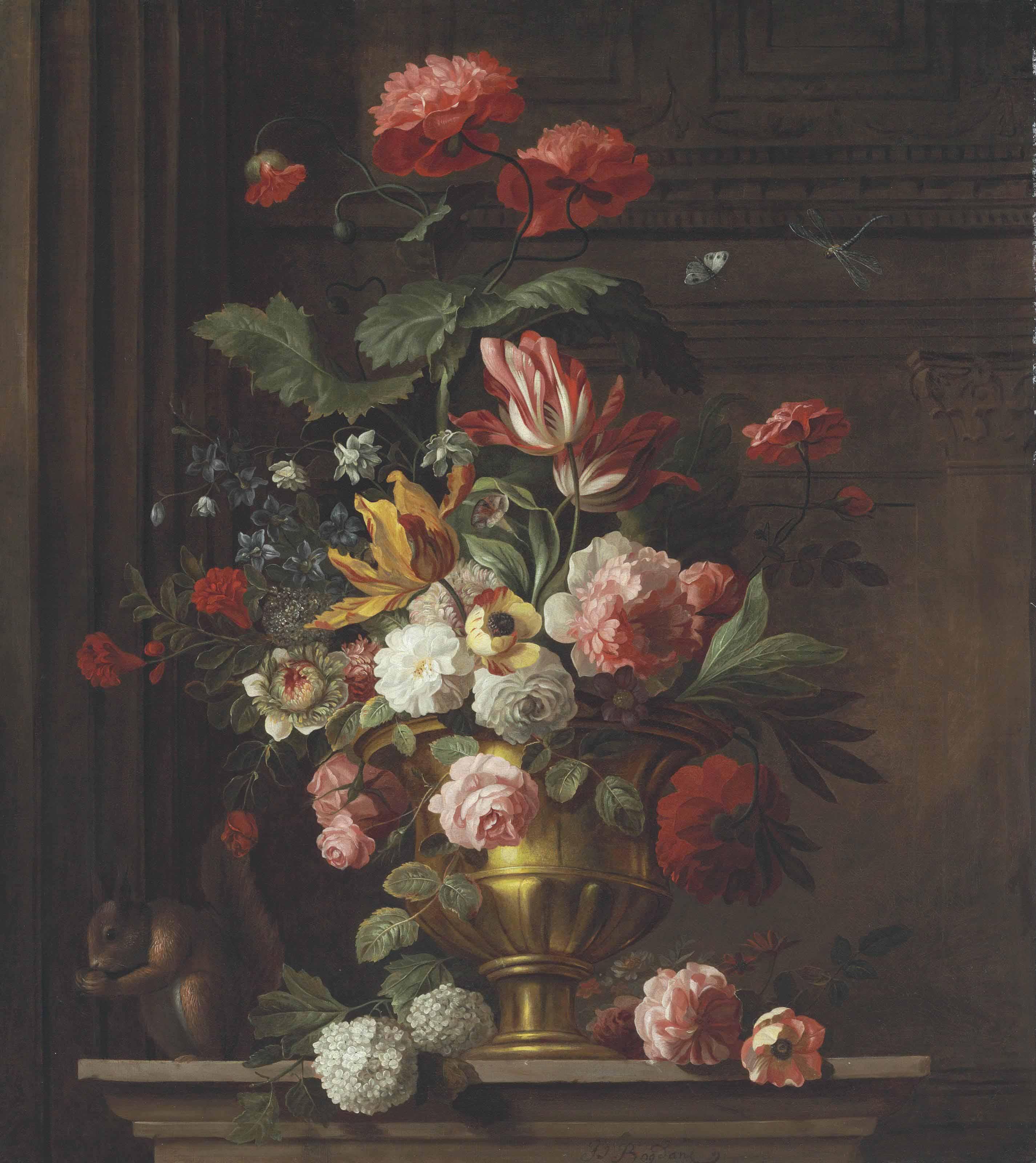 Jacob Bogdani - Roses, carnations, hydrangeas, tulips, and other flowers in a decorated vase on a ledge with a squirrel, butterfly, and a dragonfly