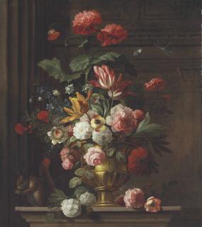 Jacob Bogdani - Roses, carnations, hydrangeas, tulips, and other flowers in a decorated vase on a ledge with a squirrel, butterfly, and a dragonfly