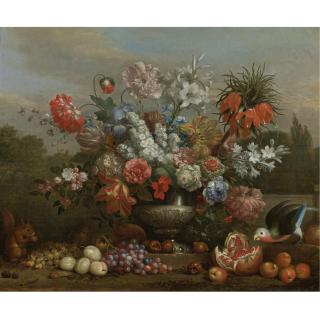 Jacob Bogdani - Still Life With Flowers In A Silver Urn With Fruits, A Squirrel And A Parrot Resting On The Ground Beside It