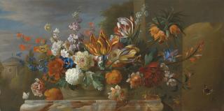 Jacob Bogdani - Tulips, peonies and other flowers in a basket on a plinth, a garden beyond