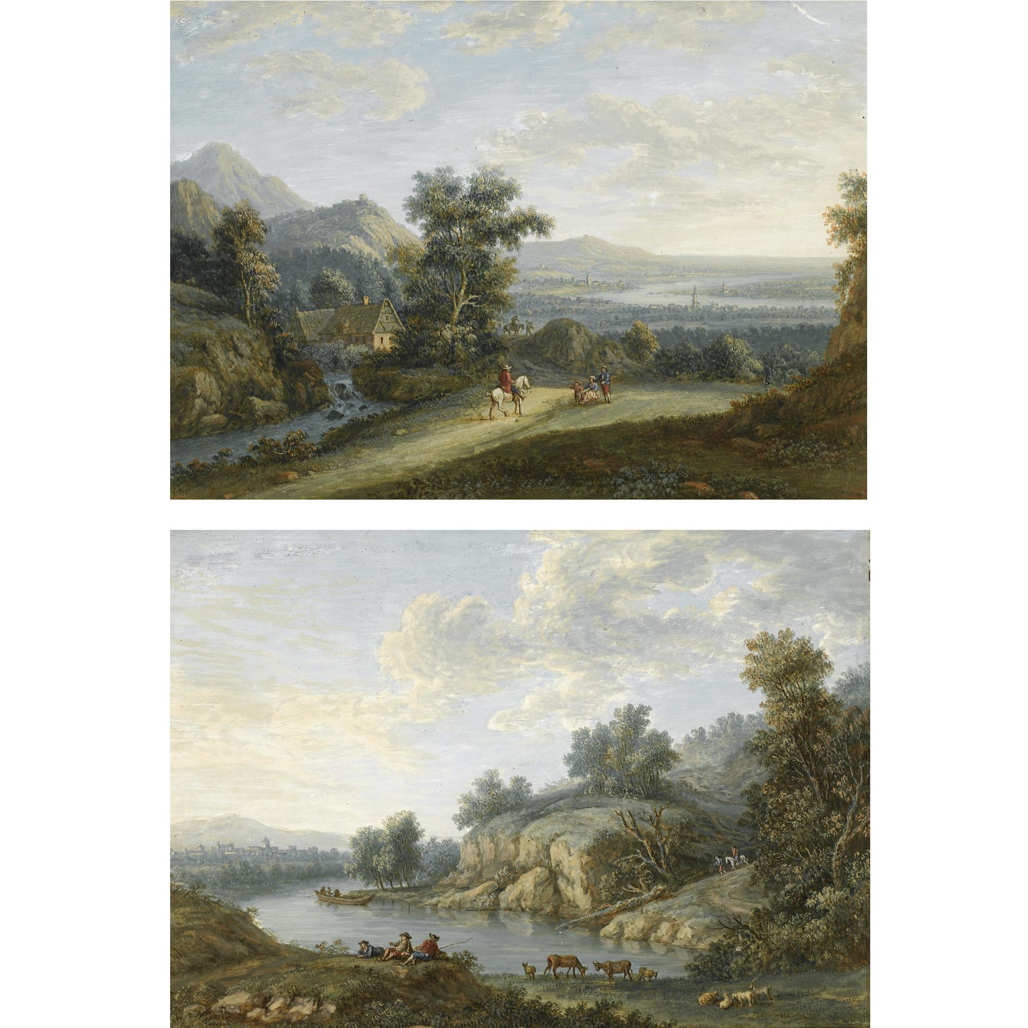 Jacob Bürgi - A Pair Of Landscapes: Travellers On A Road With A River Beyond; Figures And Cattle By A Lake