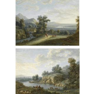 Jacob Bürgi - A Pair Of Landscapes: Travellers On A Road With A River Beyond; Figures And Cattle By A Lake