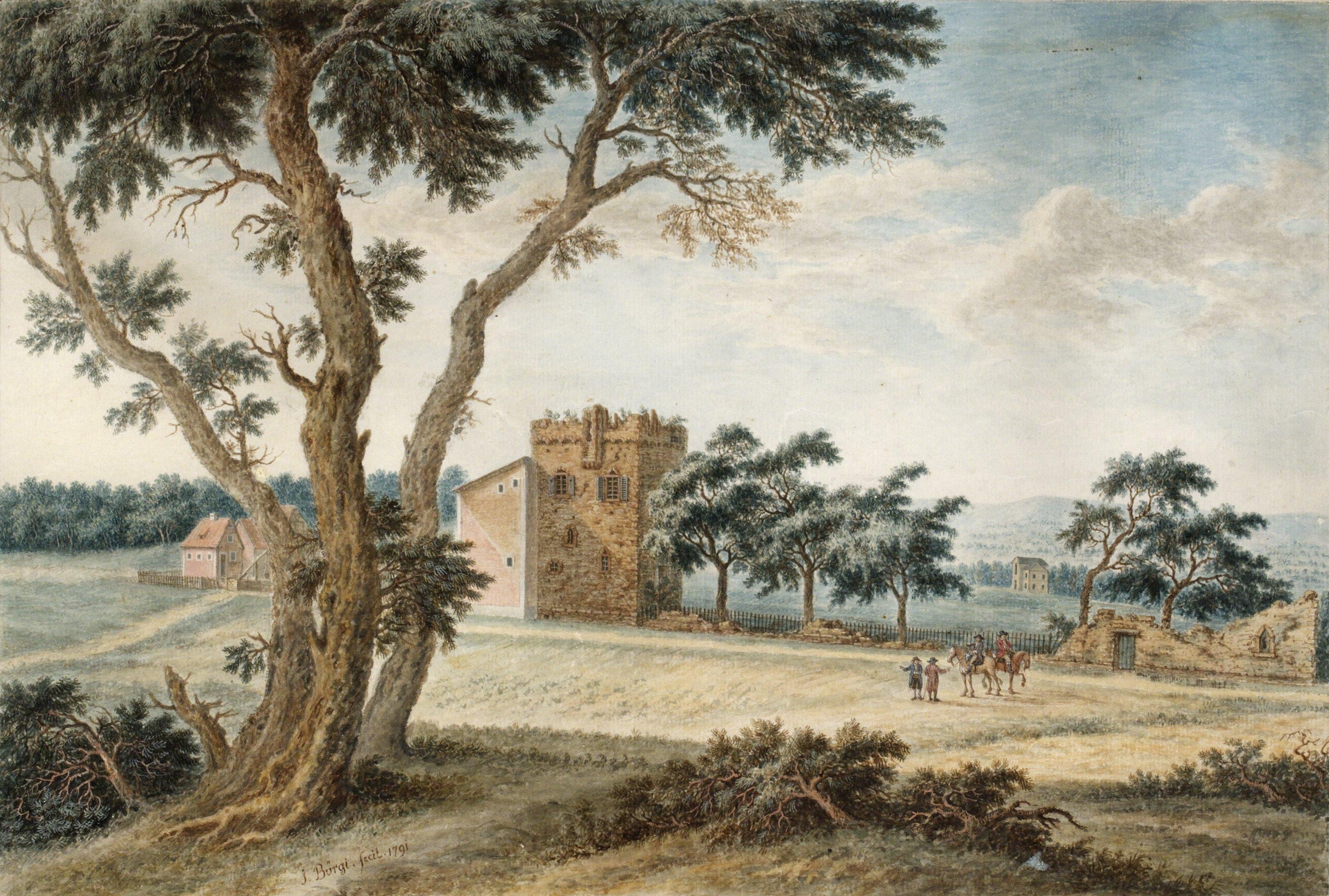 Jacob Bürgi - Pastoralt landskap med figurer vid slottsruin