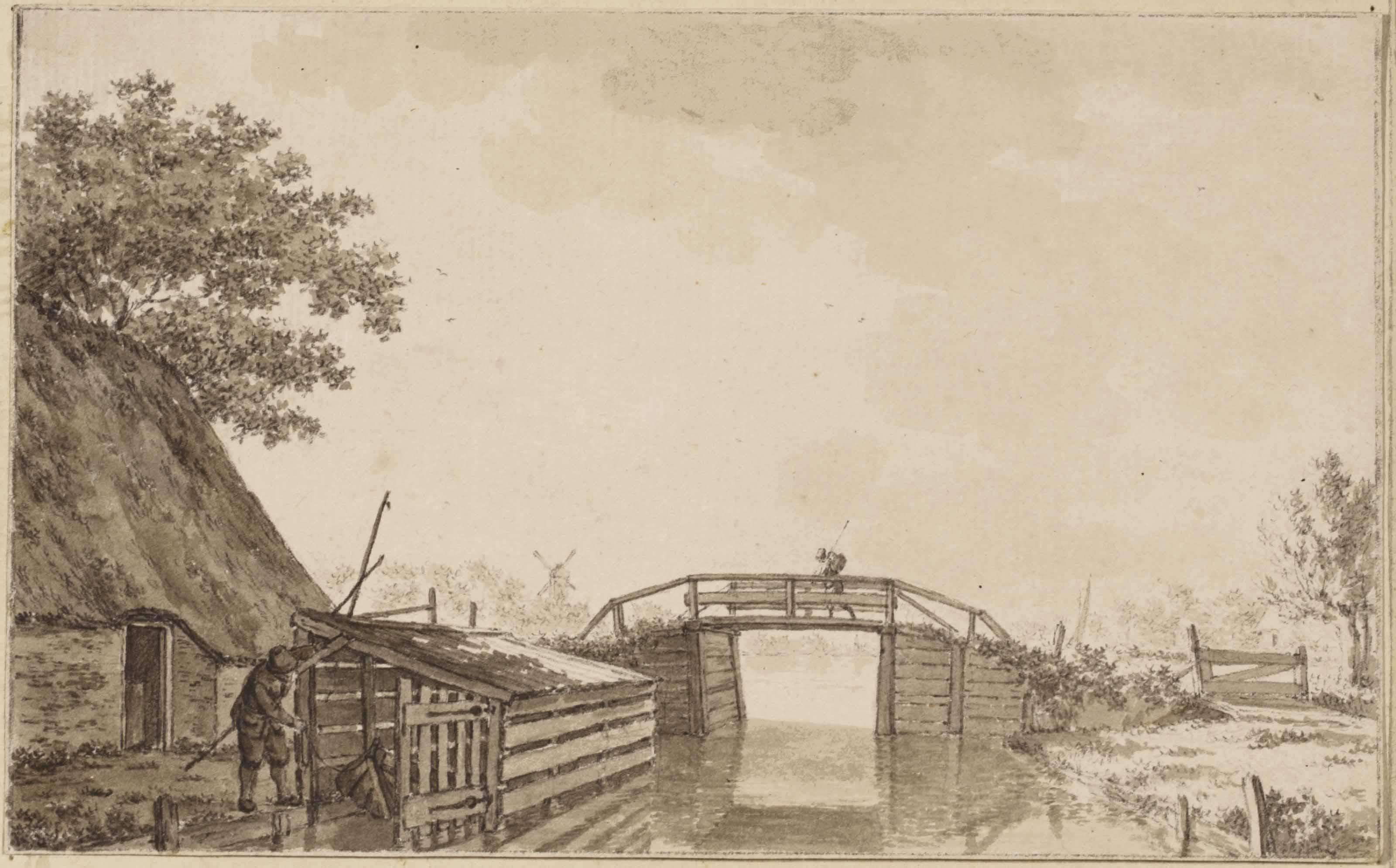 Jacob Cats - A Bridge Over A Canal, With A Figure Opening A Boathouse On The Left