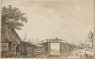 Jacob Cats - A Bridge Over A Canal, With A Figure Opening A Boathouse On The Left