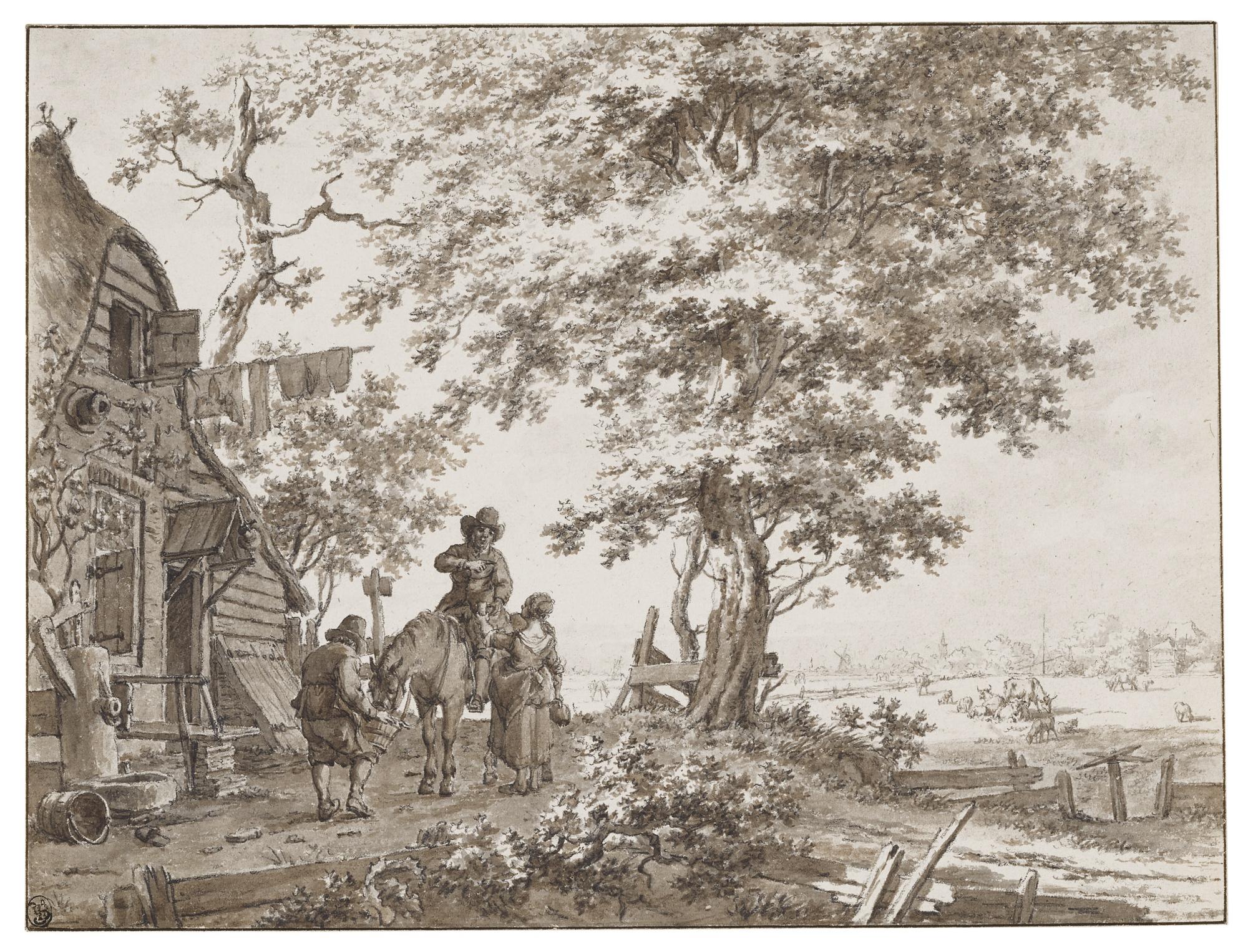 Jacob Cats - A Couple Offering A Drink To A Cavalier And His Horse By A Tavern, A Village In The Background