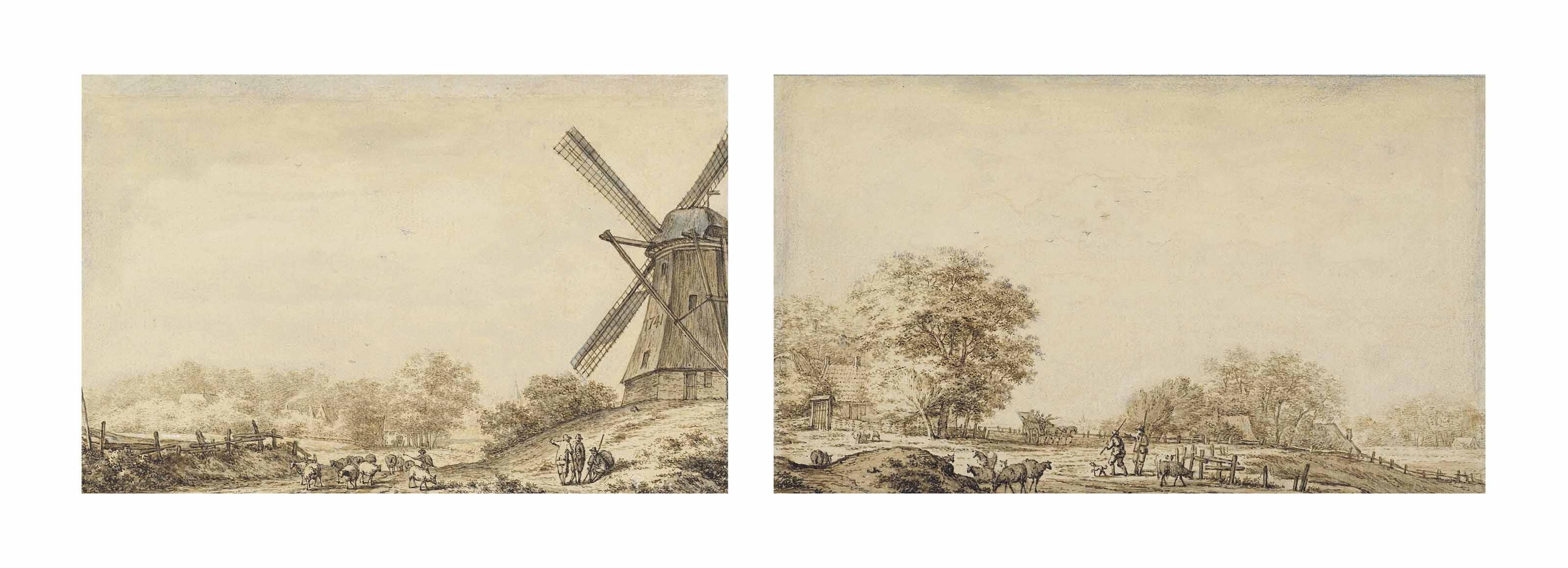 Jacob Cats - A Landscape With A Windmill And Herdsmen With Their Flock Of Sheep; And A Landscape With Herdsmen And A Carriage In The Background