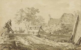 Jacob Cats - A Man With A Dog On A Bridge, A Horse And Cart, And A Cottage Beyond